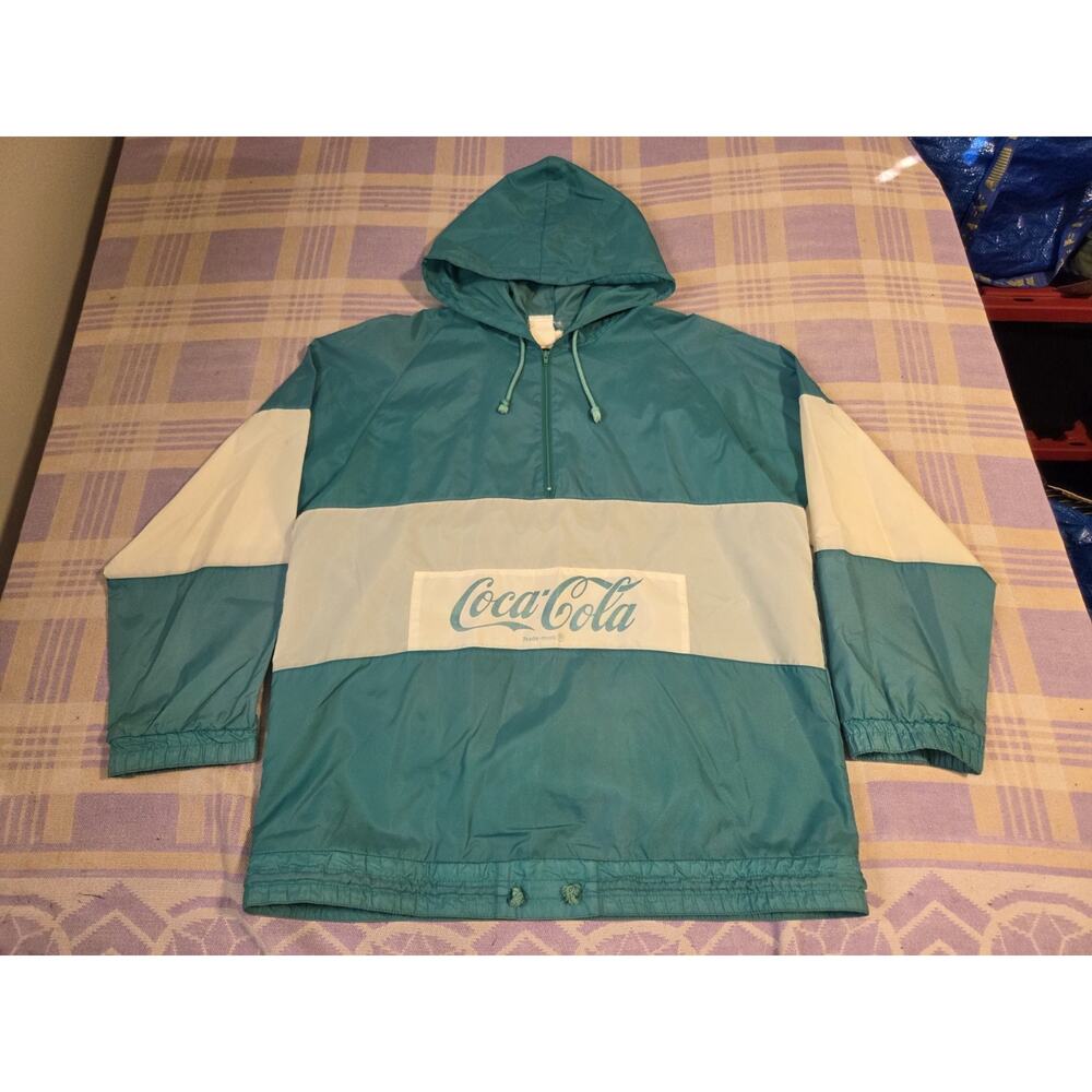Vintage 80s 90s Coca Cola Jacket Windbreaker Teal Blue Green Rare Color Pullover